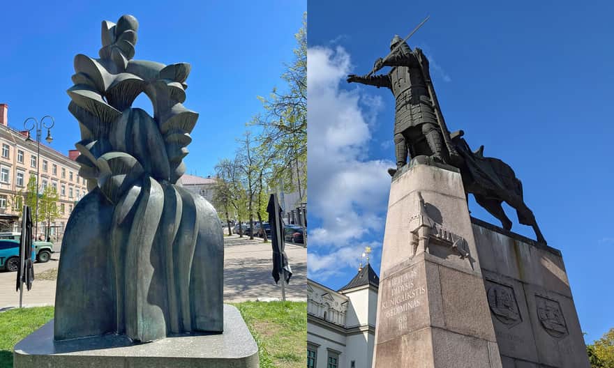 Nowoczesny pomnik Barbary Radziwiłłówny oraz bardziej "klasyczny" Książę Giedymin z żelaznym wilkiem