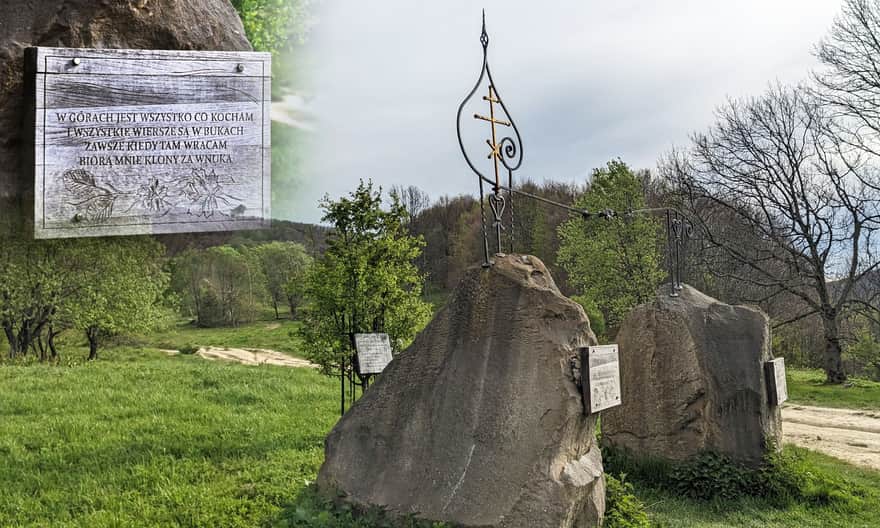 Pomnik Jerzego i Marii Harasymowiczów na Przełęczy Wyżnej oraz fragment jednego z najbardziej znanych wierszy poety "W górach"
