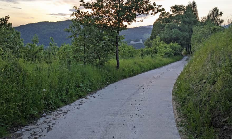 Asphalt section of the road from Muszyna to the tower on Malnik. In the background, Muszyna Castle.