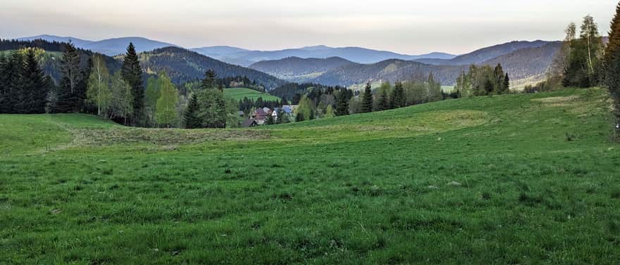 Panorama z łąki nad Jasionowem. Widok na Beskid Wyspowy, kolejno odl lewej: Lubogosz, Ćwilin, Łopień, Mogielica i Jasień