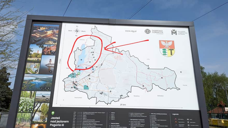 Mapa z zaznaczonym szlakiem rowerowym wokół zbiornika Pogoria IV