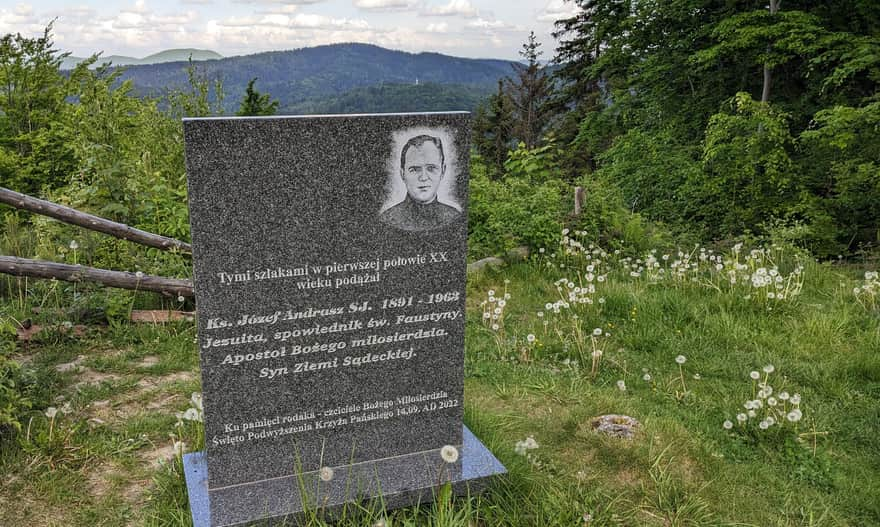 Commemorative plaque of Father Józef Andrusz at the summit of Góra Krzyżowa