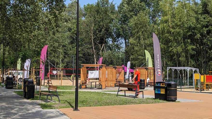 Tables and Volleyball Court in the Background