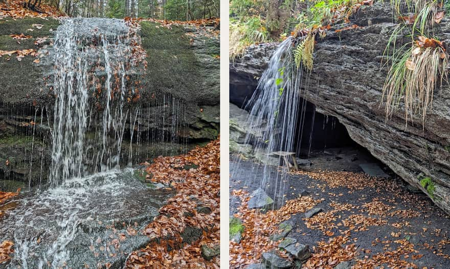 Dusiołek Waterfall on the Dusica Stream and the waterfall "closing" the Komoniecki Grotto