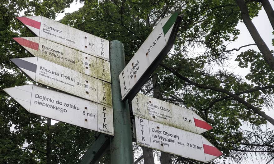 Początek zielonego szlaku na Luboń Wielki w Parku Zdrojowym w Rabce-Zdroju